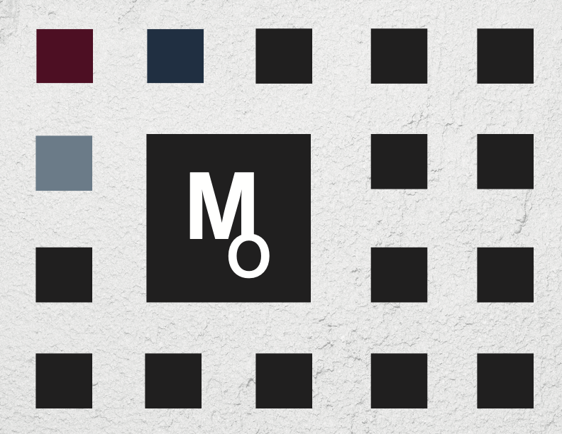 gray background with black squares placed in a grid layout, MO logo in center