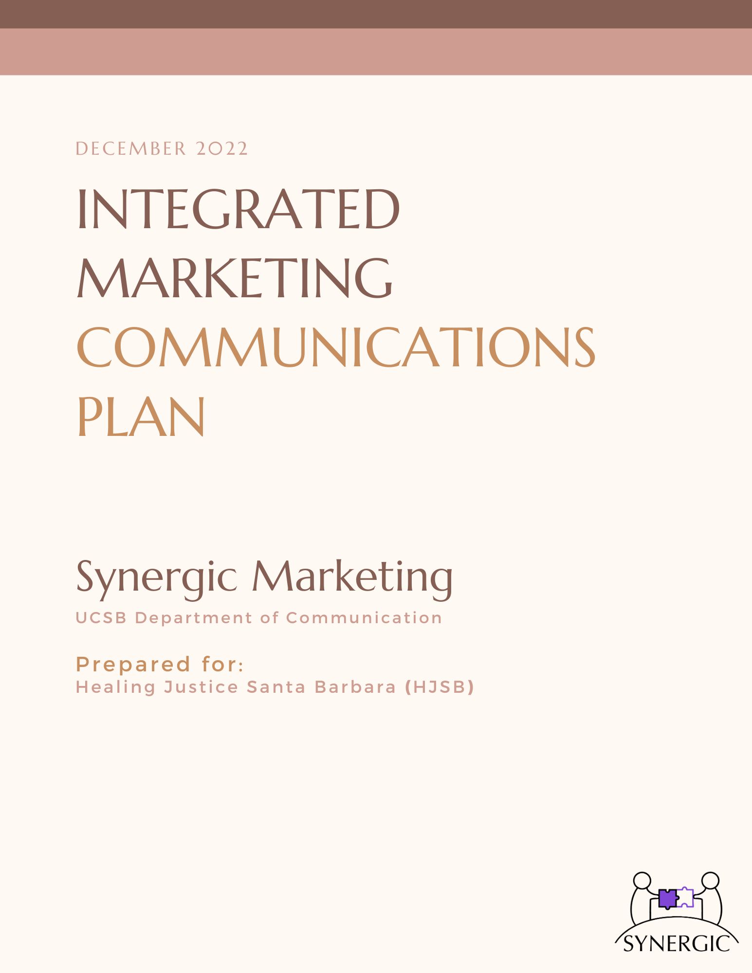 cover page of a pink and brown document titled Integrated Marketing Plan for Healing Justice Santa Barbara