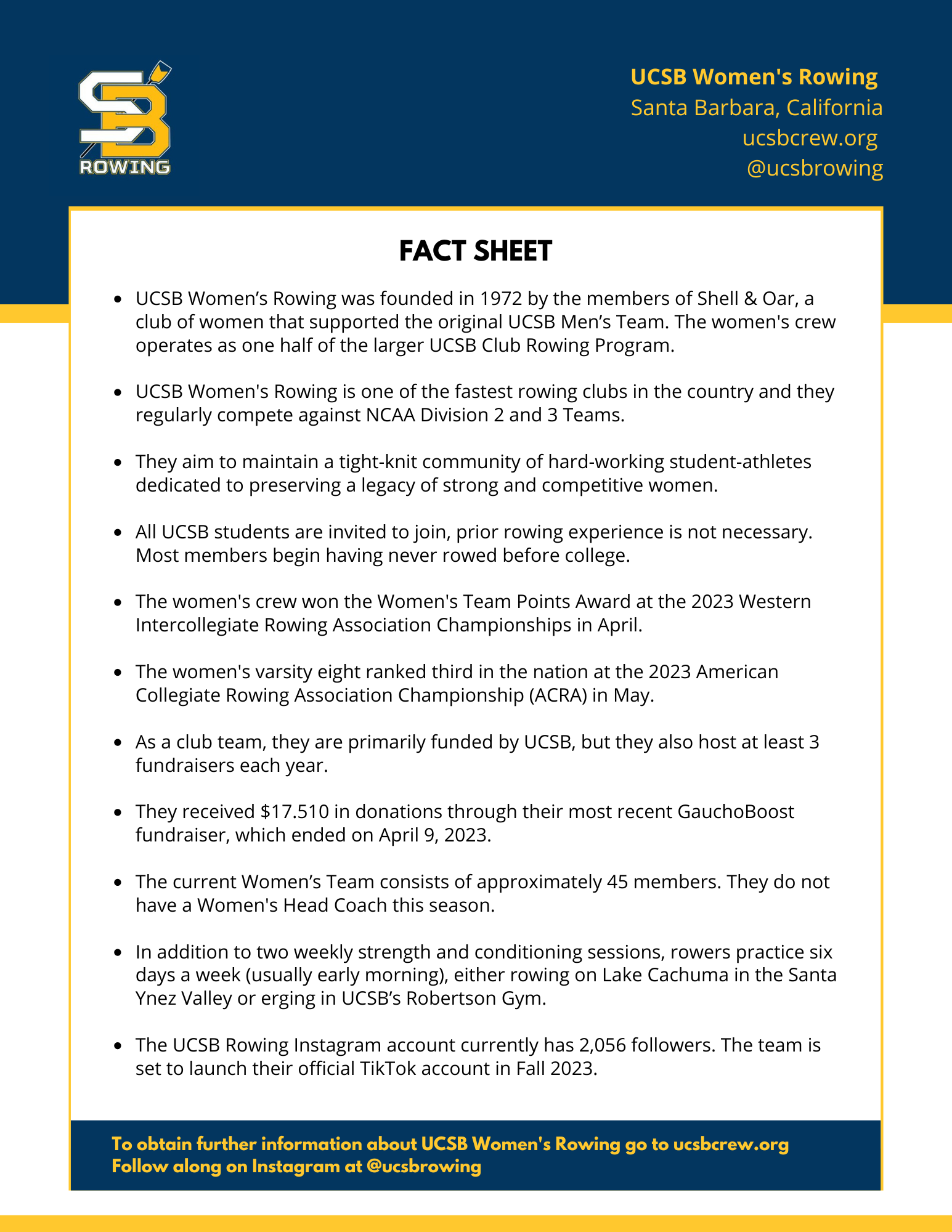 fact sheet for UCSB women's club rowing team