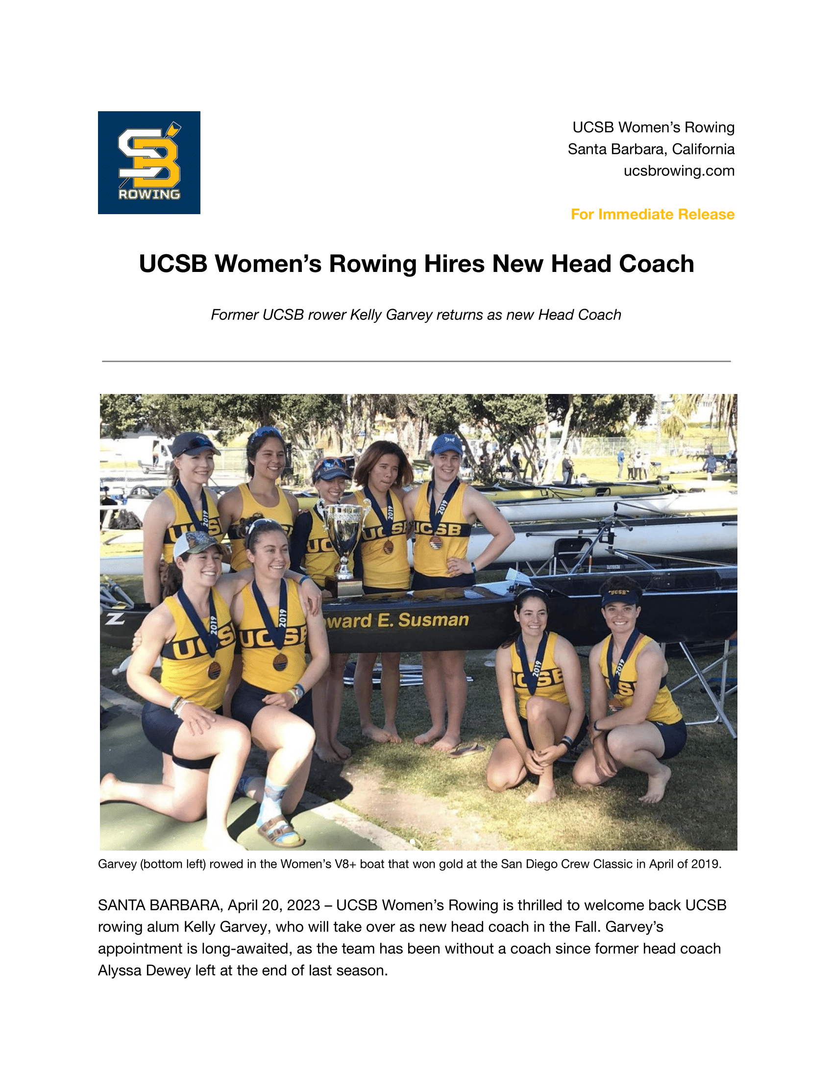 Press release titled 'UCSB women's rowing hires new head coach'