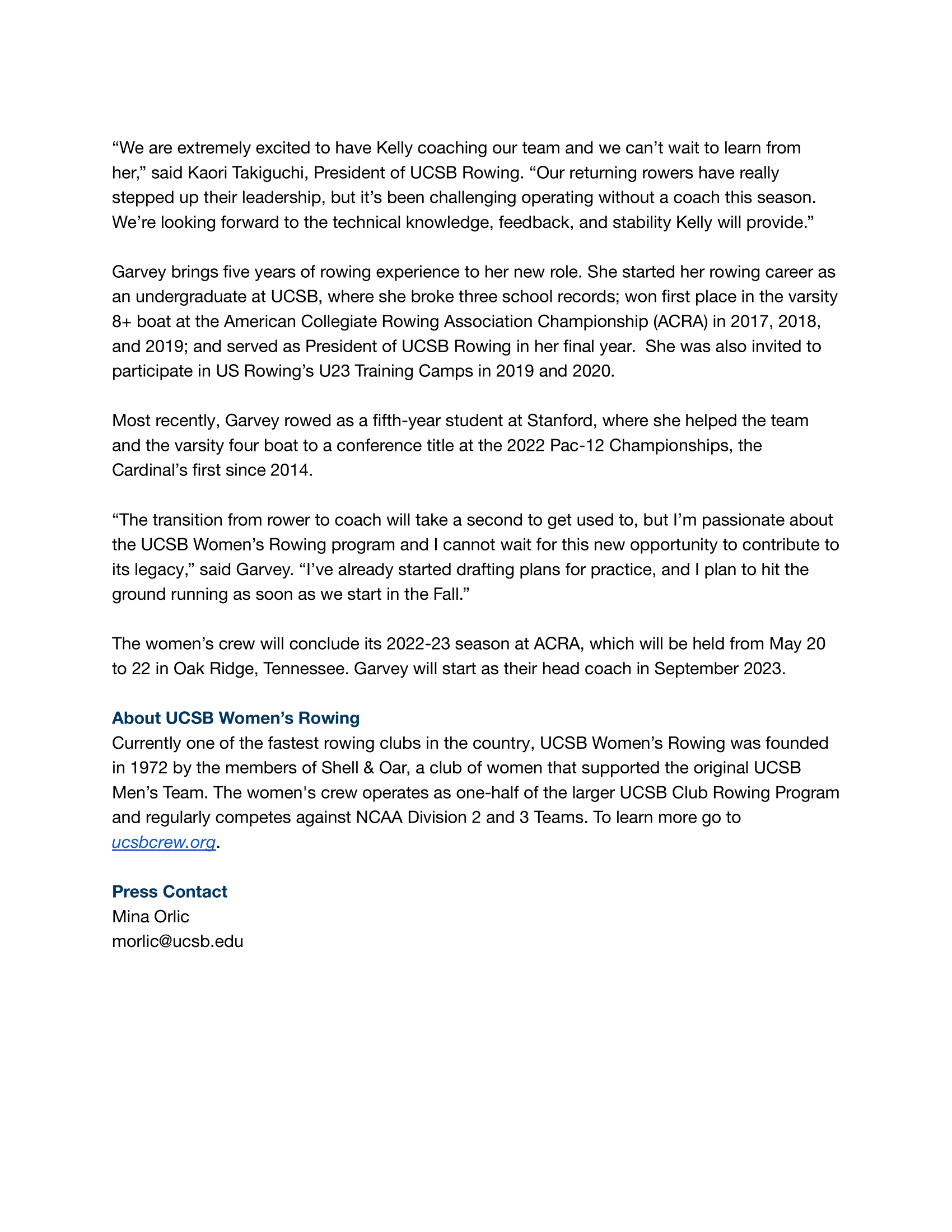 Press release titled 'UCSB women's rowing hires new head coach'